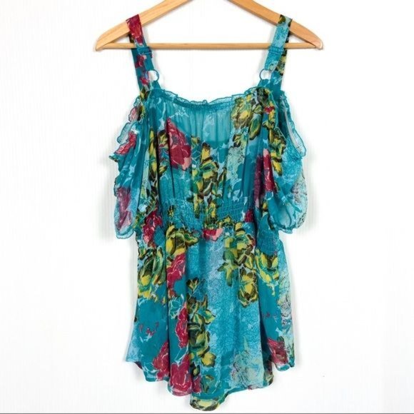 American Rag Off the Shoulder Floral Blouse Size Small Teal Green Blue - Picture 2 of 7